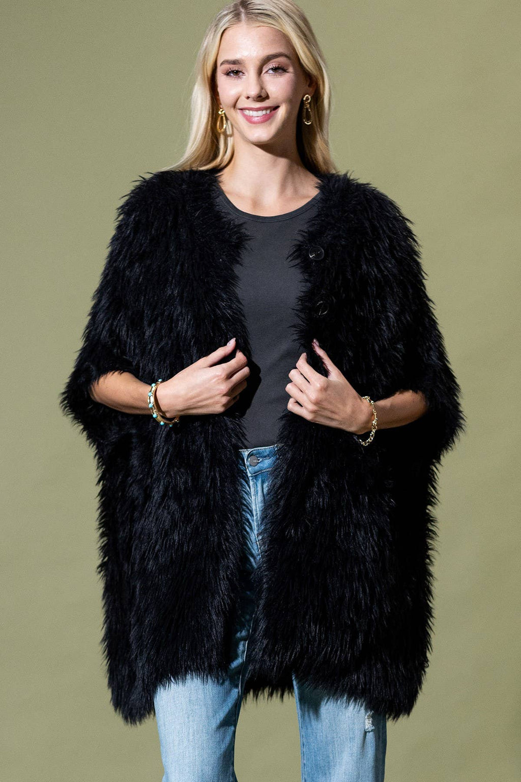 Camel Shaggy Faux Fur Button Down Poncho: BK-BLACK