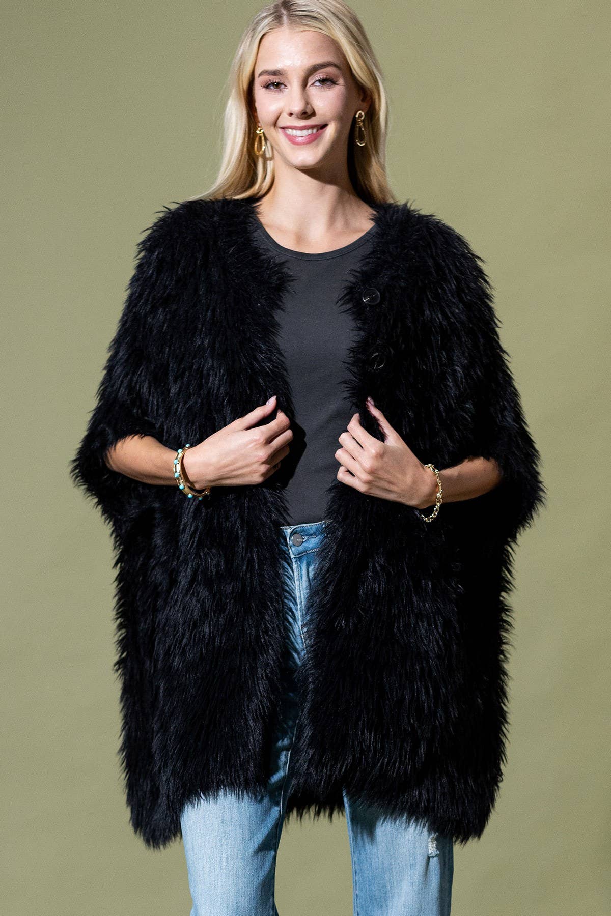 Camel Shaggy Faux Fur Button Down Poncho: BK-BLACK