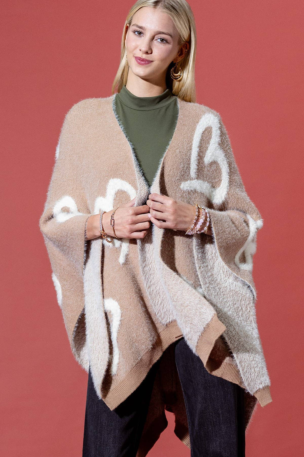 Camel Fuzzy Heart Embossed Knit Shawl