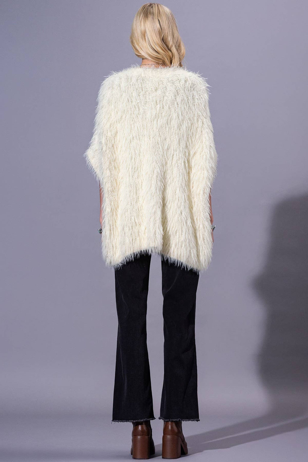 Camel Shaggy Faux Fur Button Down Poncho: IV-IVORY