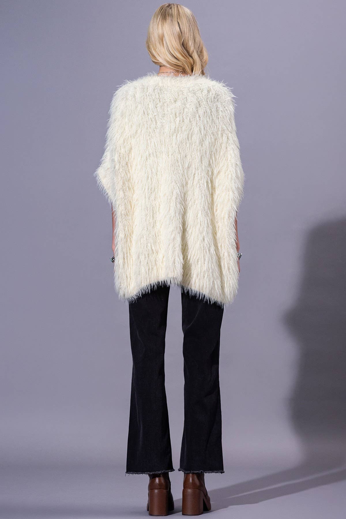 Camel Shaggy Faux Fur Button Down Poncho: IV-IVORY