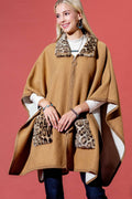 Camel Leopard Print Faux Fur Trim Poncho