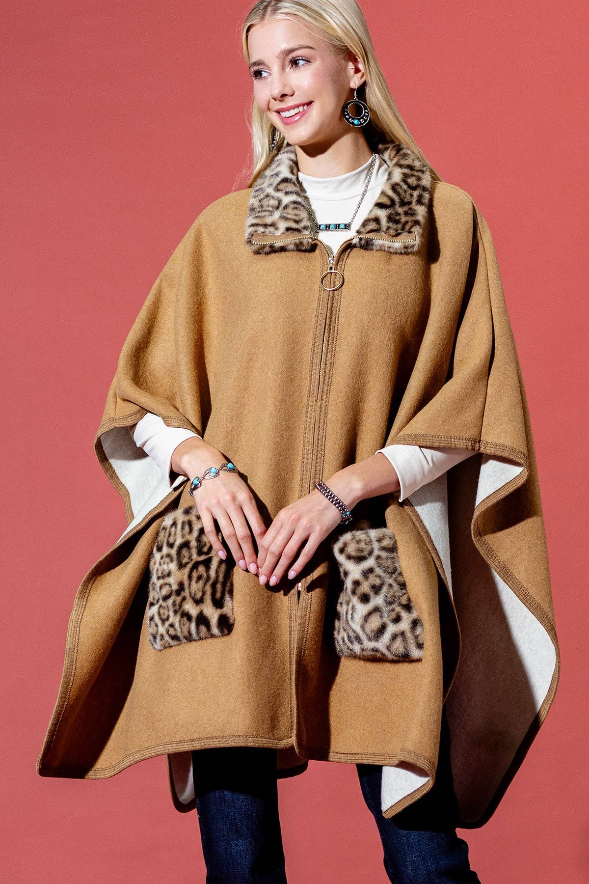 Camel Leopard Print Faux Fur Trim Poncho