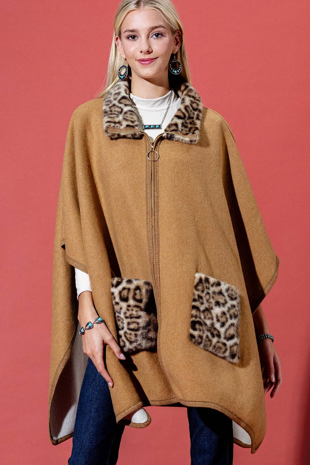Camel Leopard Print Faux Fur Trim Poncho