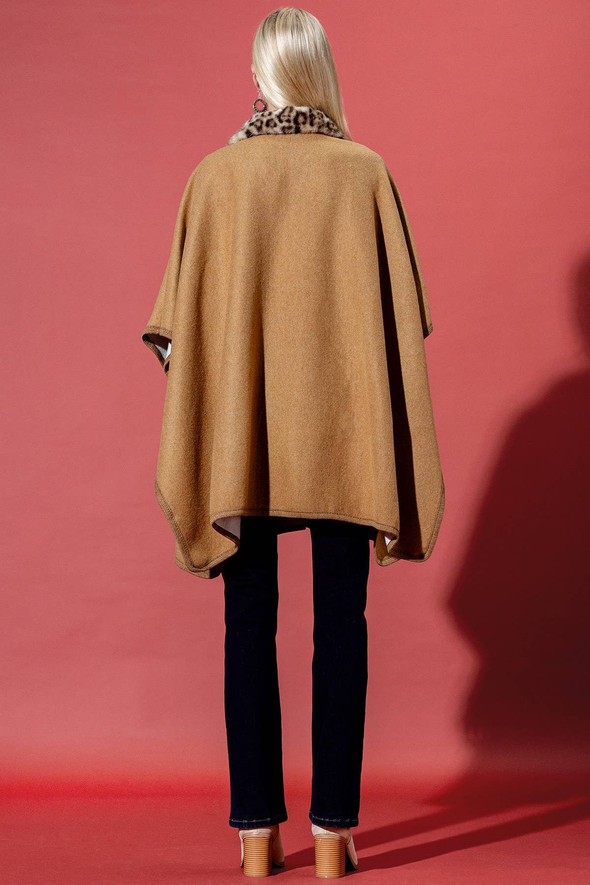 Camel Leopard Print Faux Fur Trim Poncho