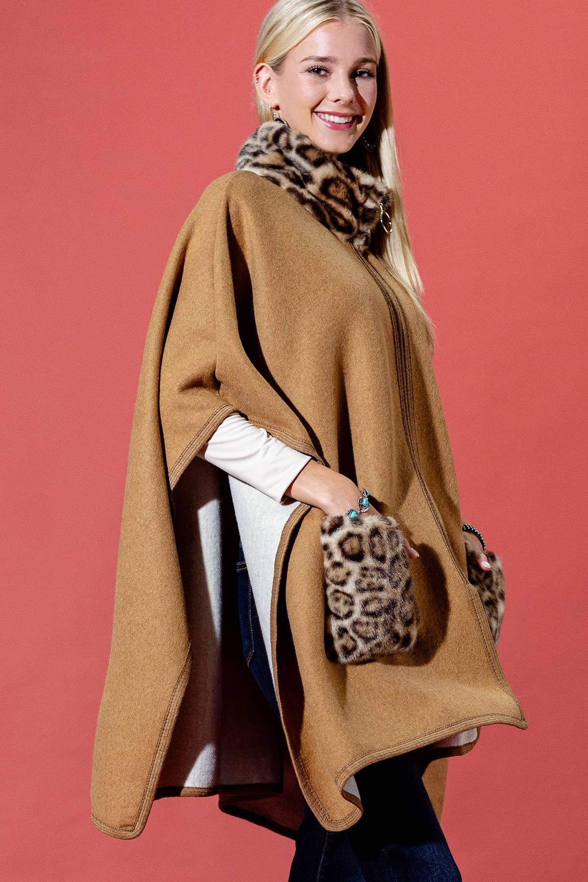Camel Leopard Print Faux Fur Trim Poncho
