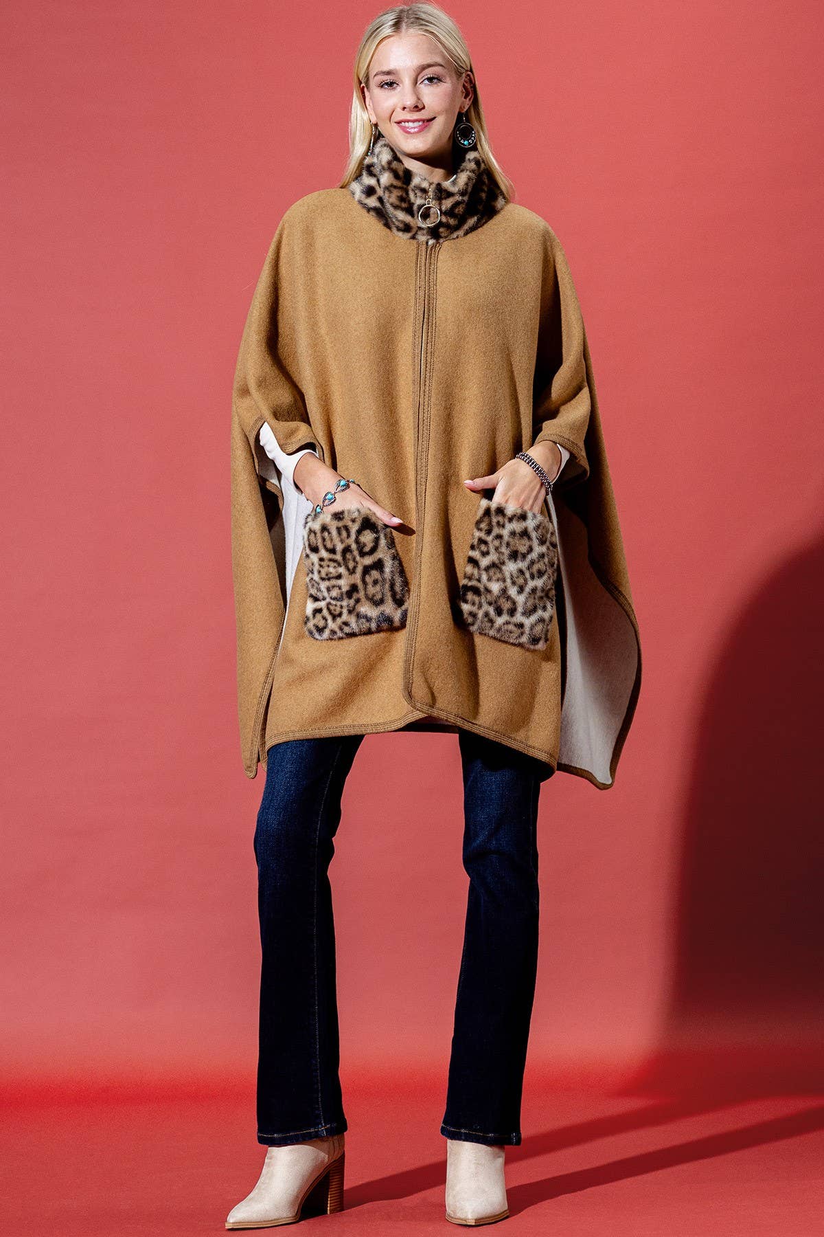 Camel Leopard Print Faux Fur Trim Poncho