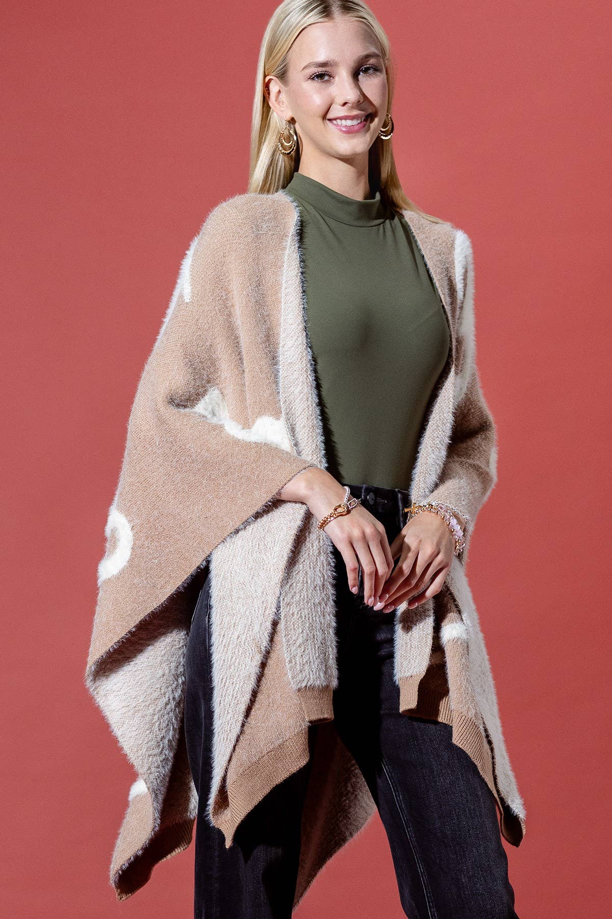 Camel Fuzzy Heart Embossed Knit Shawl
