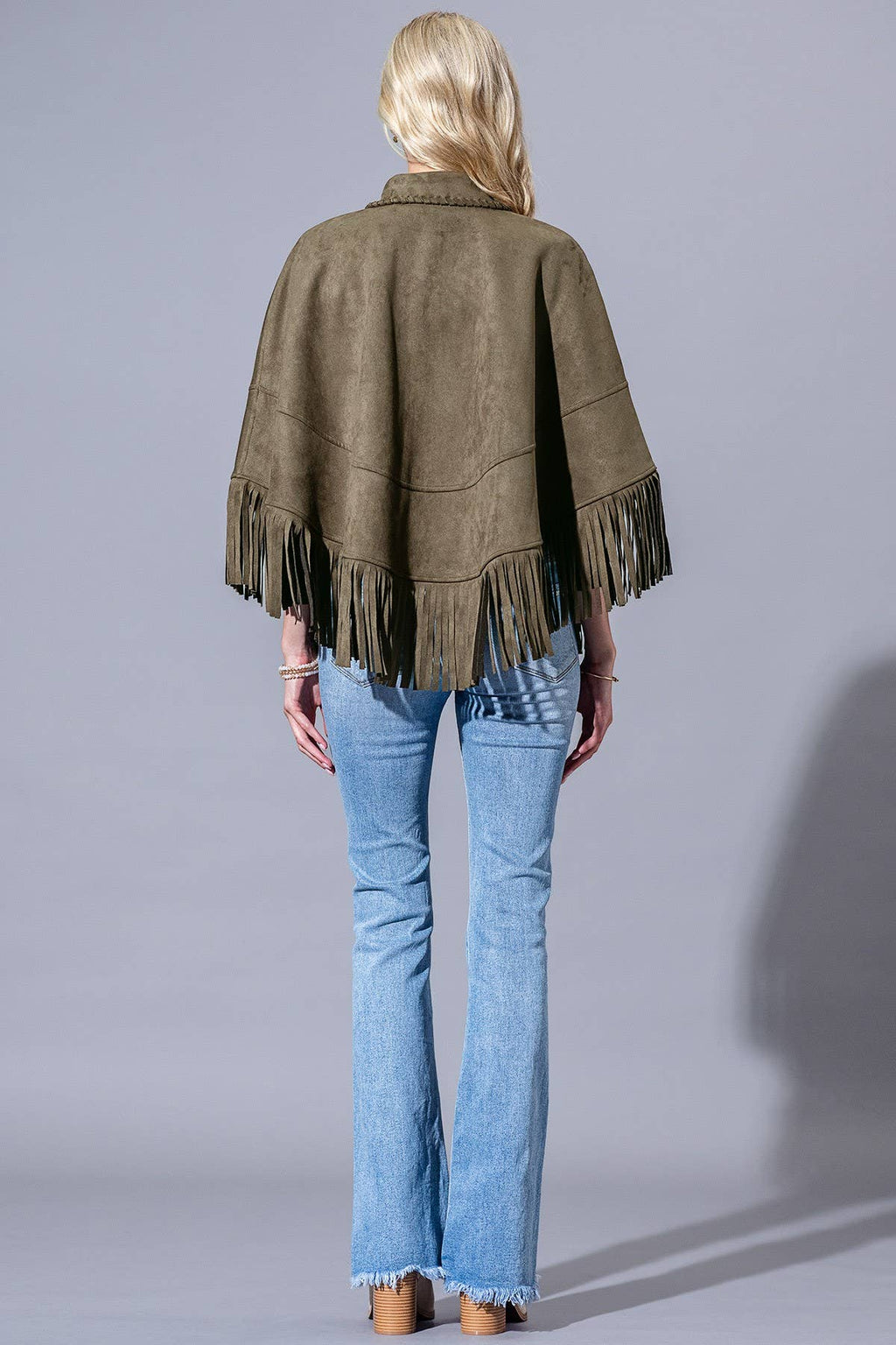 Faux Suede Fringed Button Up Cape