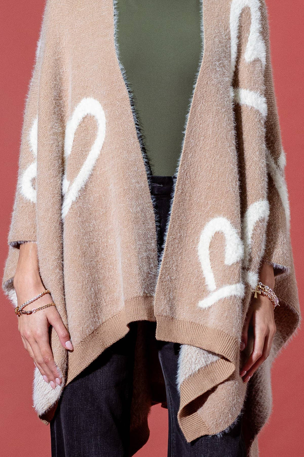 Camel Fuzzy Heart Embossed Knit Shawl