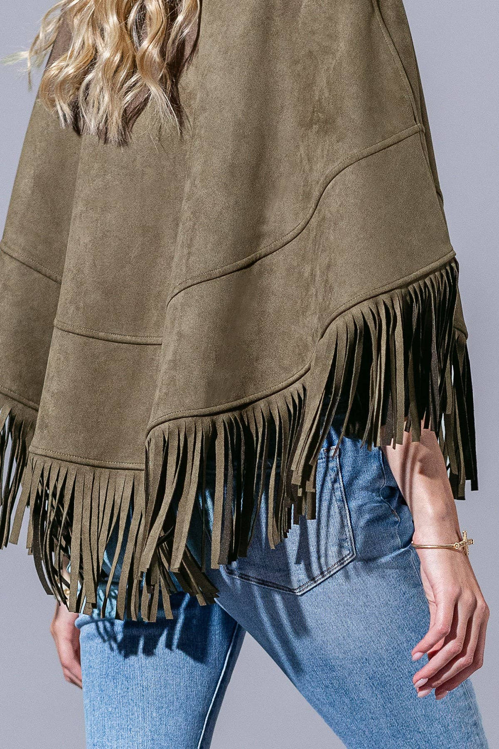 Faux Suede Fringed Button Up Cape
