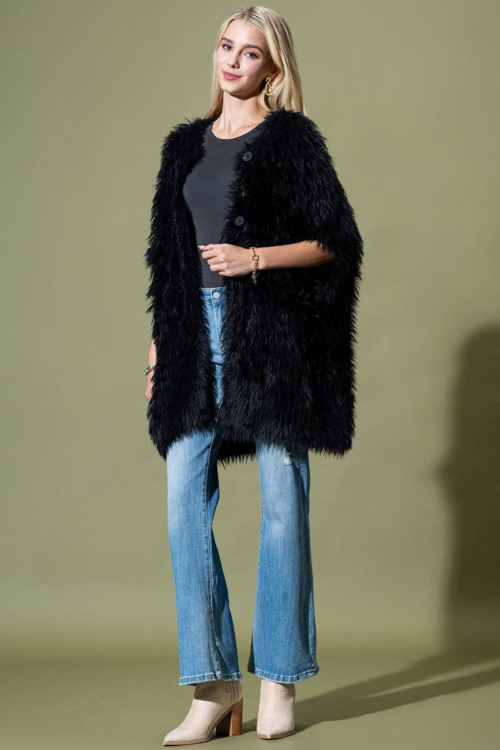 Camel Shaggy Faux Fur Button Down Poncho: BK-BLACK