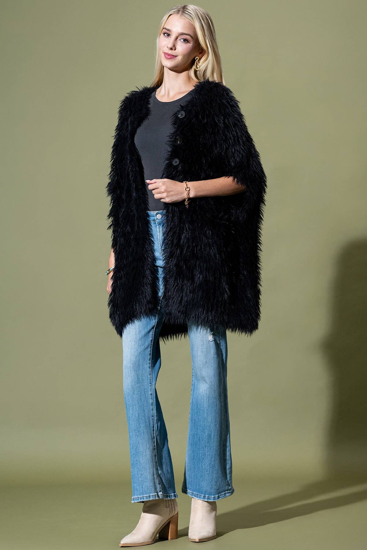 Camel Shaggy Faux Fur Button Down Poncho: BK-BLACK