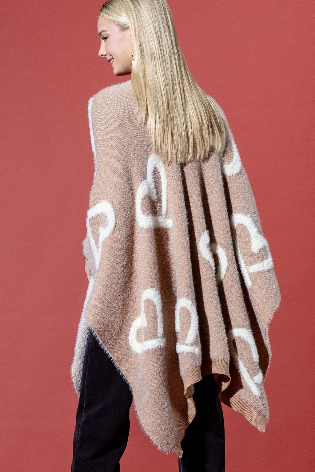 Camel Fuzzy Heart Embossed Knit Shawl