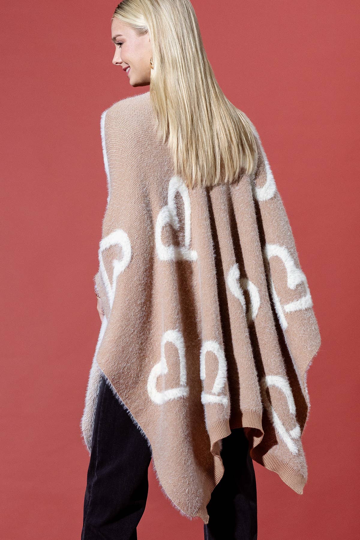 Camel Fuzzy Heart Embossed Knit Shawl