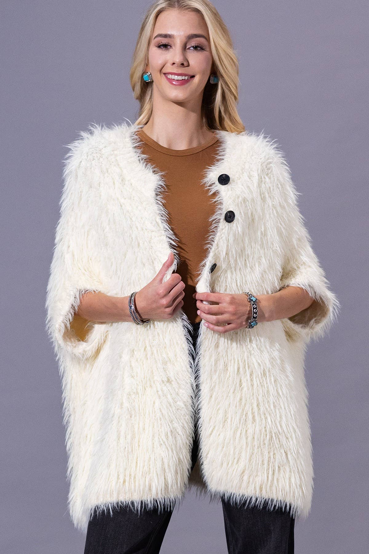 Camel Shaggy Faux Fur Button Down Poncho: IV-IVORY