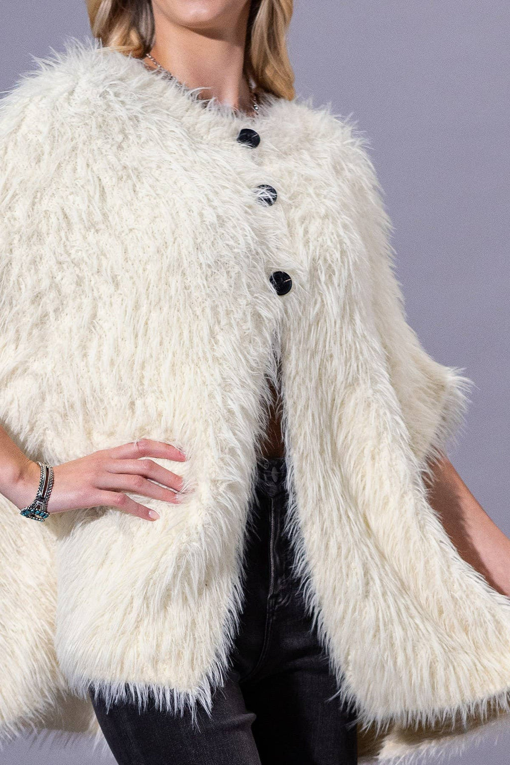 Camel Shaggy Faux Fur Button Down Poncho: IV-IVORY