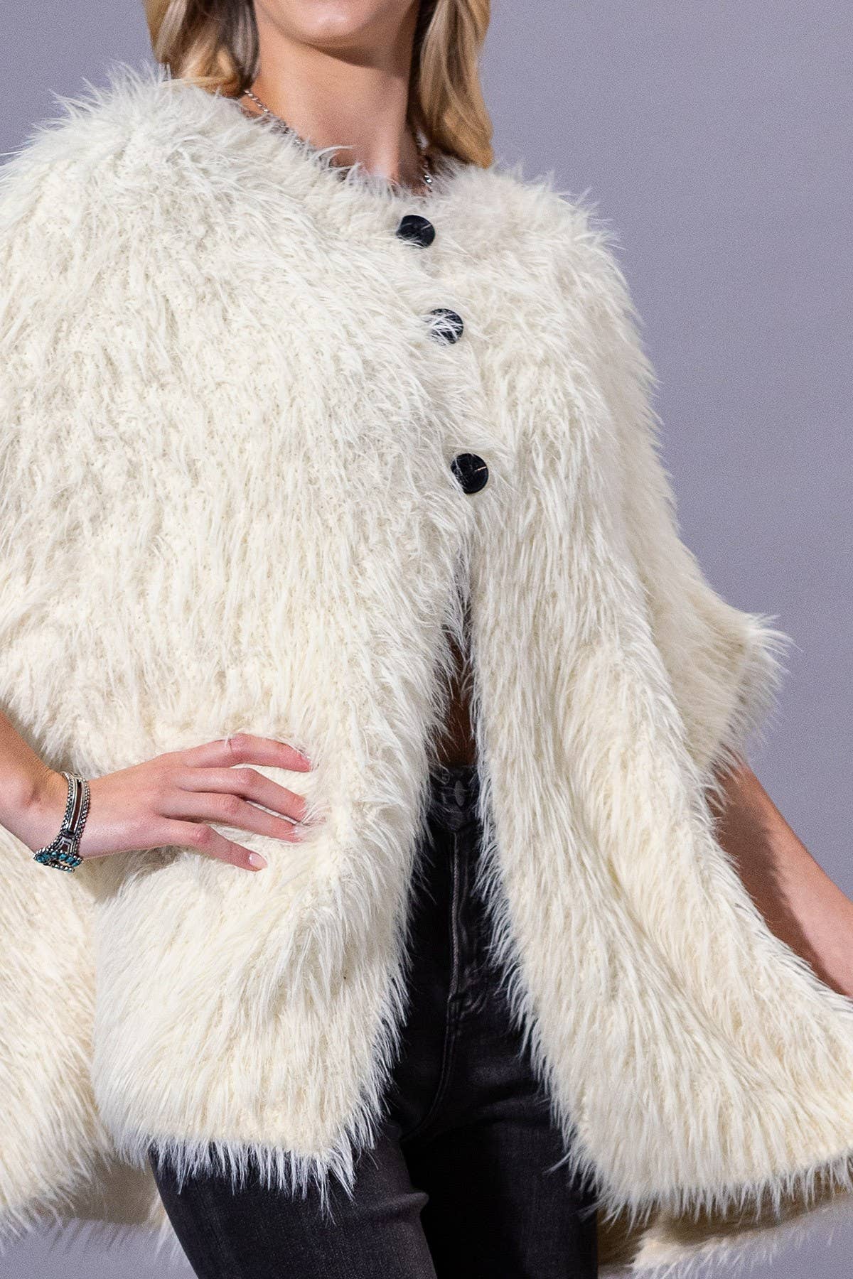 Camel Shaggy Faux Fur Button Down Poncho: IV-IVORY