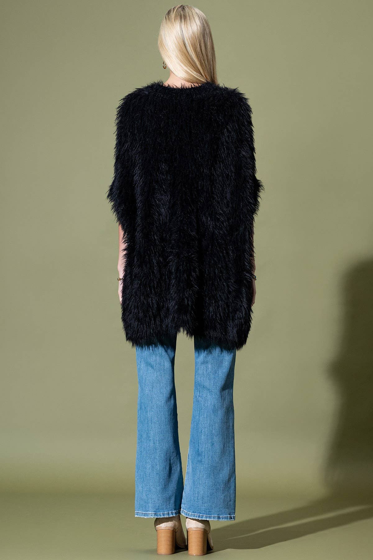 Camel Shaggy Faux Fur Button Down Poncho: BK-BLACK
