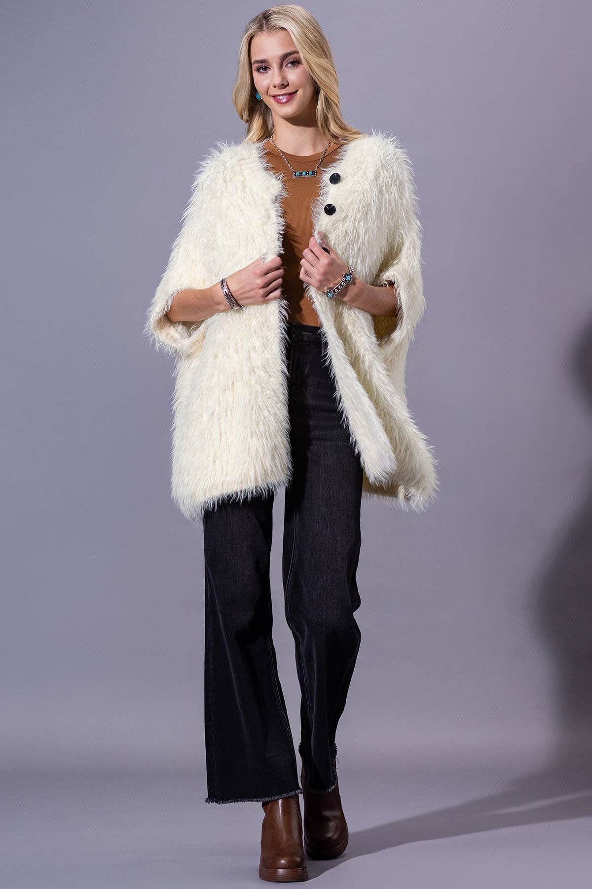 Camel Shaggy Faux Fur Button Down Poncho: IV-IVORY