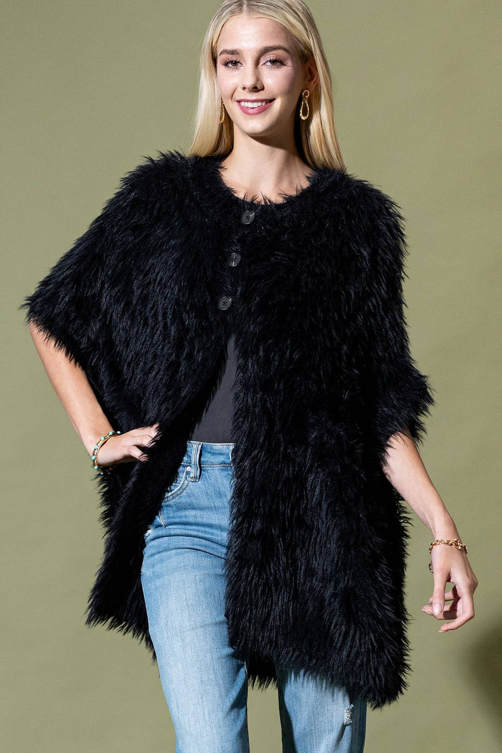 Camel Shaggy Faux Fur Button Down Poncho: BK-BLACK
