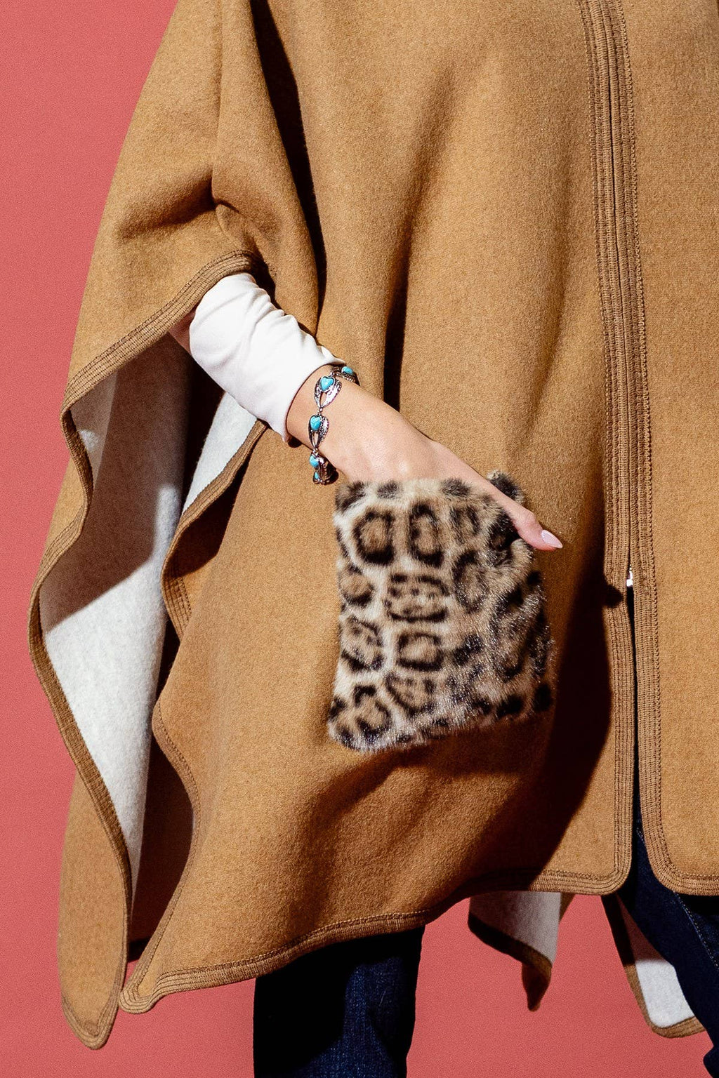 Camel Leopard Print Faux Fur Trim Poncho