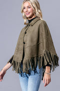 Faux Suede Fringed Button Up Cape