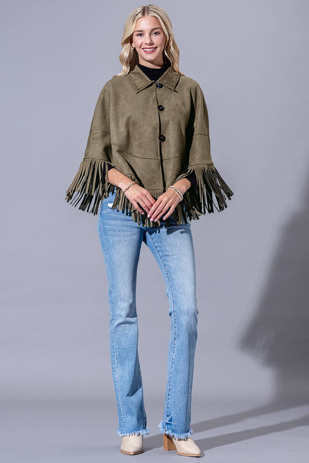 Faux Suede Fringed Button Up Cape