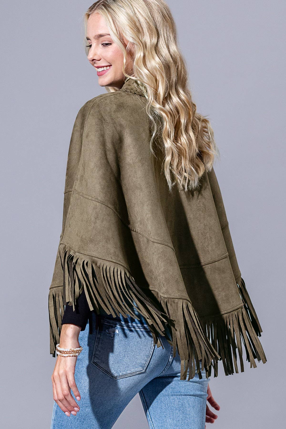 Faux Suede Fringed Button Up Cape