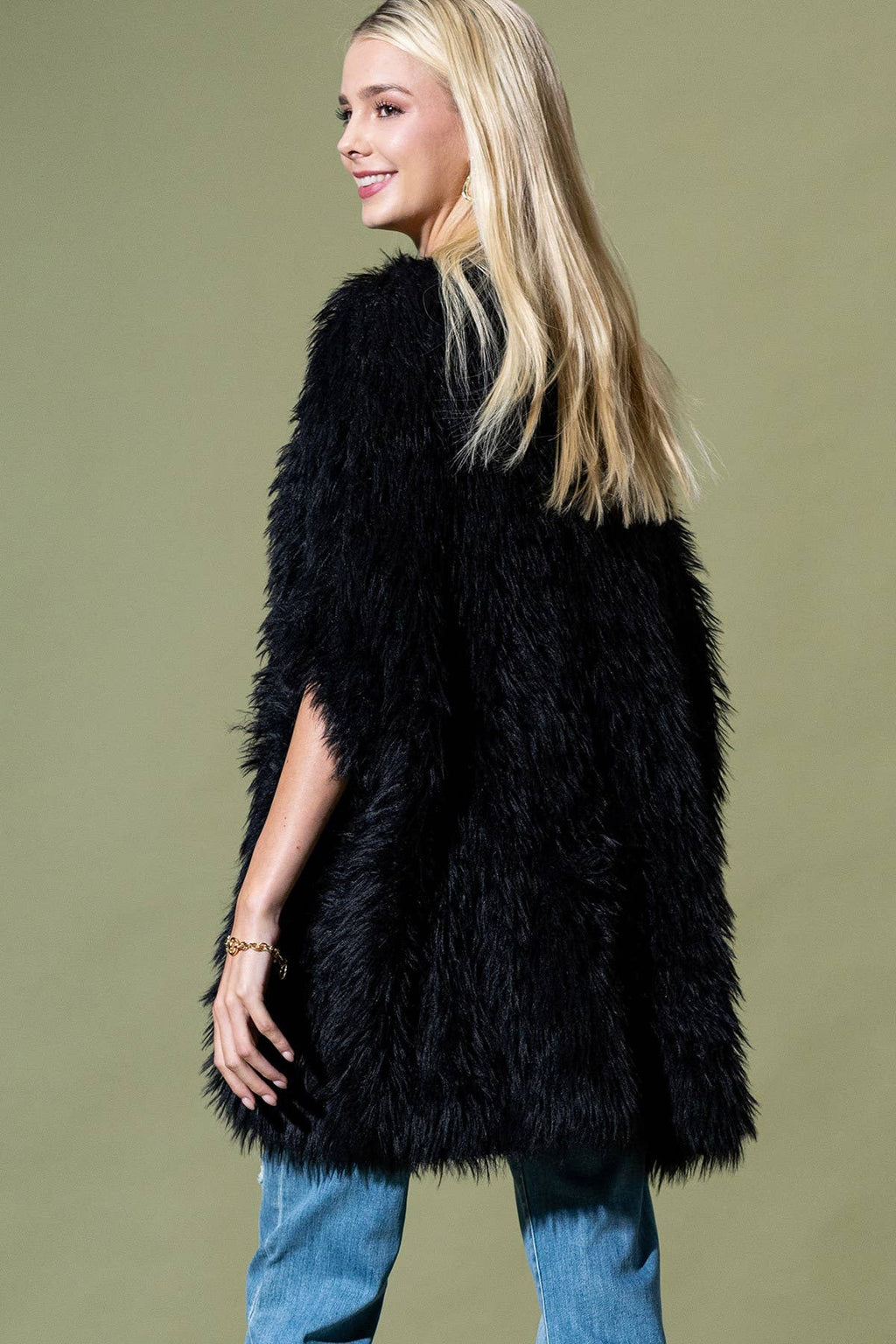 Camel Shaggy Faux Fur Button Down Poncho: BK-BLACK