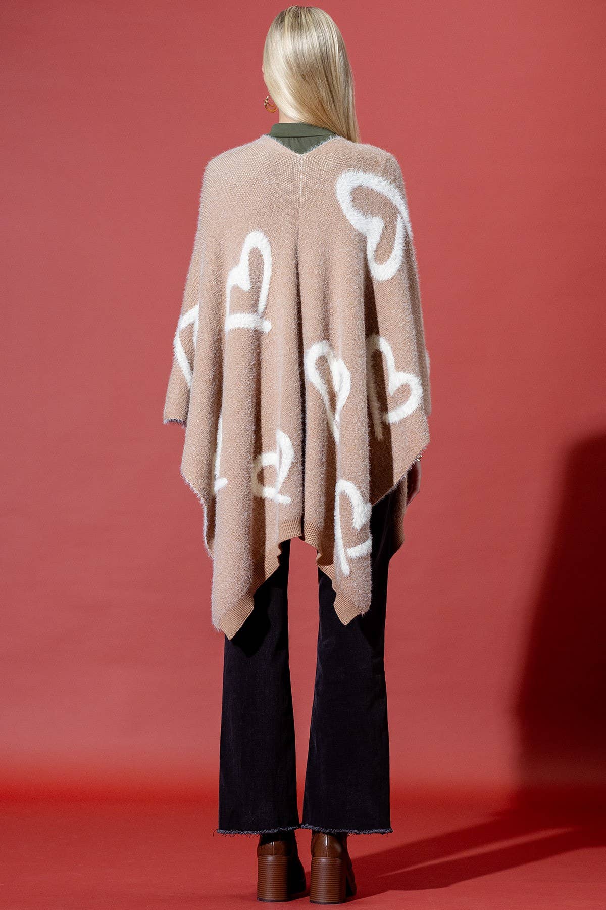 Camel Fuzzy Heart Embossed Knit Shawl