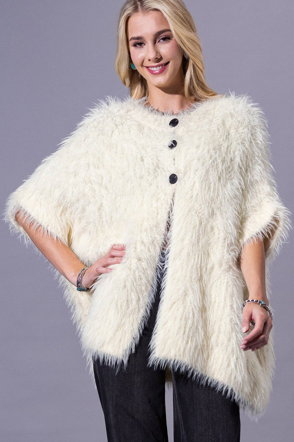 Camel Shaggy Faux Fur Button Down Poncho: IV-IVORY