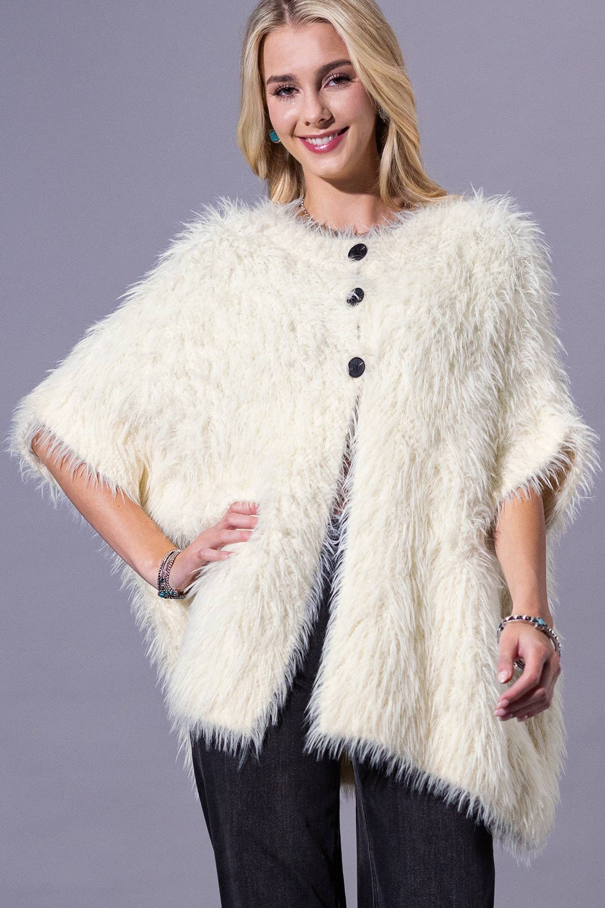 Camel Shaggy Faux Fur Button Down Poncho: IV-IVORY